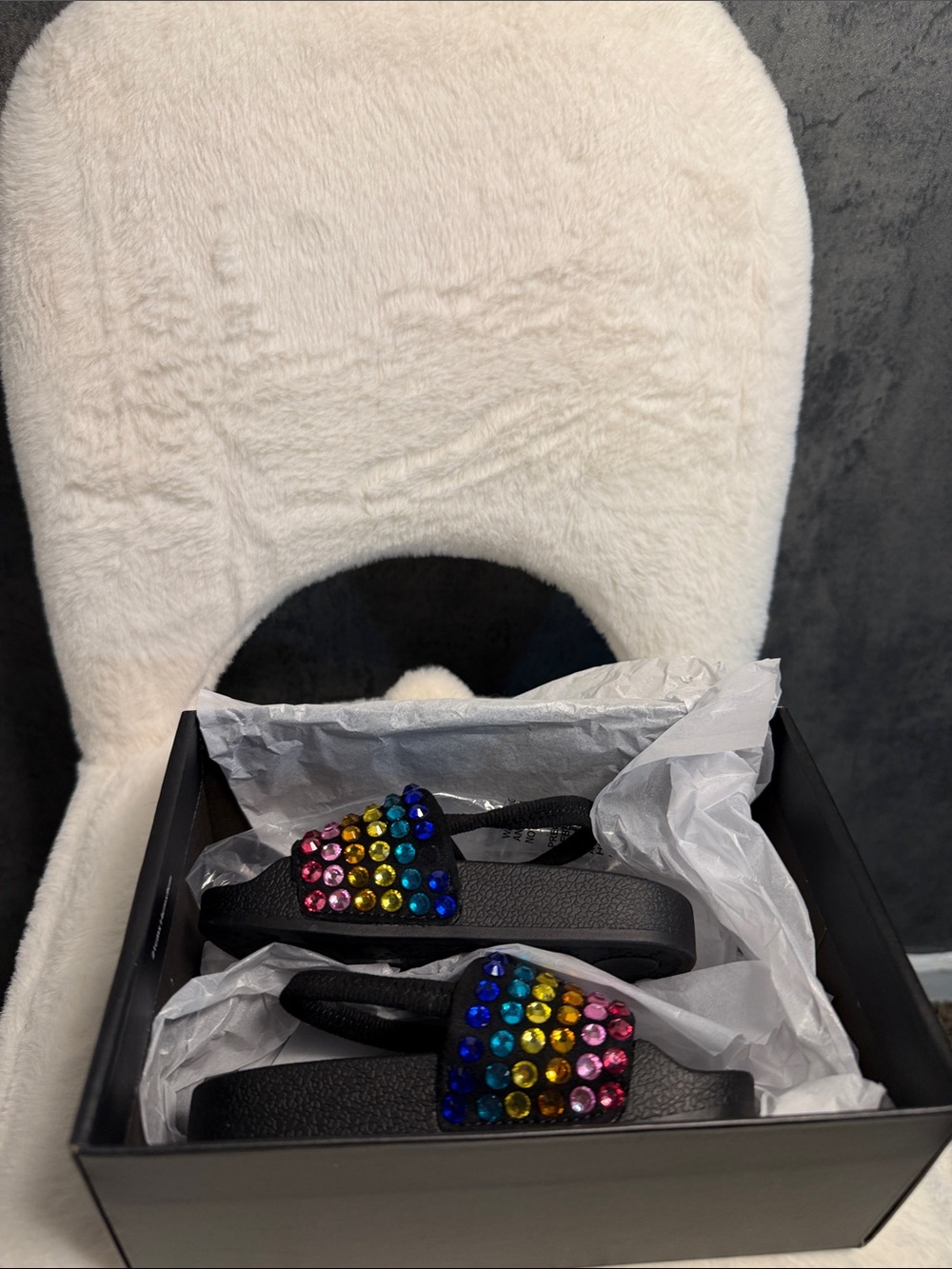 Black Slide Sandals with Multicolor Gem Accents - Women